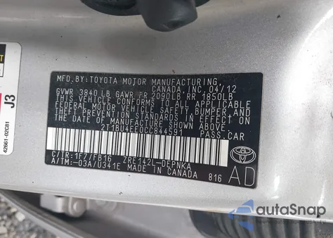 2012 Toyota Corolla Le из США, поврежденный, VIN 2T1BU4EE0CC844591